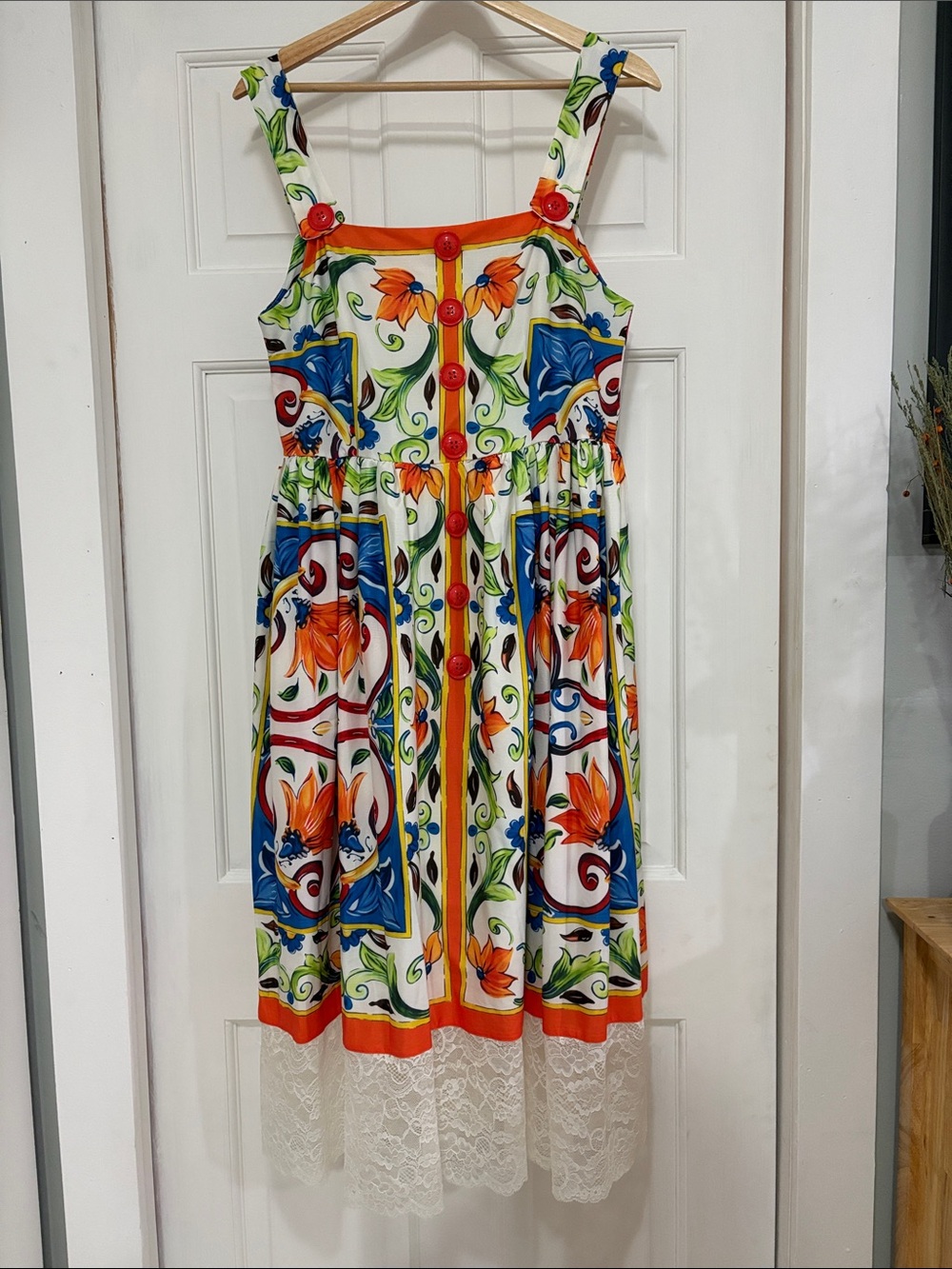 Tile-Print Button-Front Sundress with Lace Hem in White, Blue & Orange